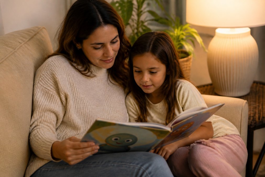 En mor og hennes unge datter sitter tett sammen i en beige sofa, begge bøyd over en fargerik bildebok med uttrykkfulle karakterer, mykt innendørslys fra en lampe ved siden av