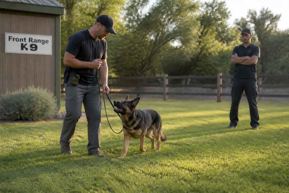 A professional dog trainer working with a German Shepherd on a grassy field, demonstrating focused leash obedience while a second trainer observes from several feet back in soft late-afternoon light