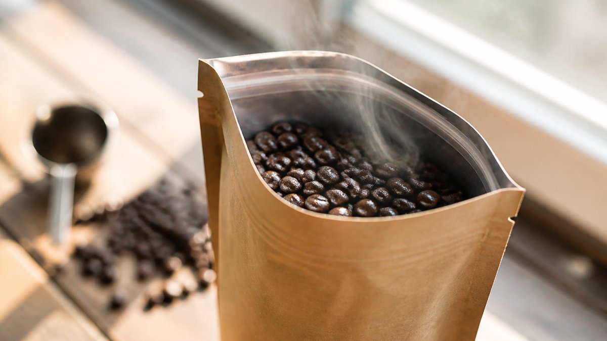 Close-up of a freshly roasted coffee bag with visible roast date printed on kraft paper, steam rising from opened bag with glistening espresso beans, natural window light illuminating the label