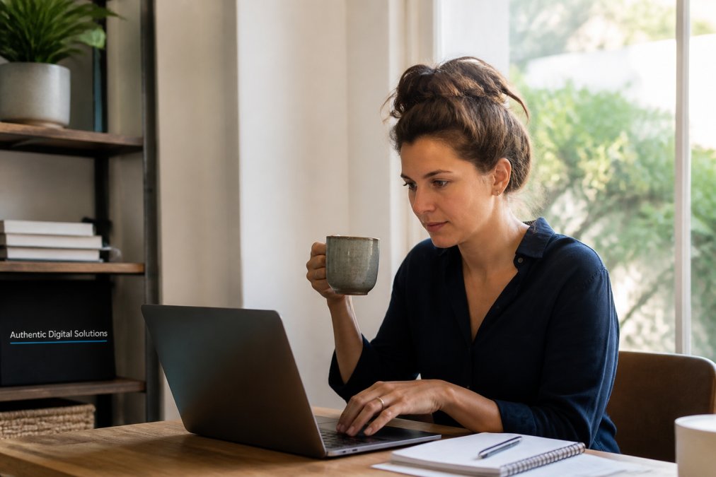 Small business owner at desk reviewing email campaign metrics on laptop with coffee nearby, focused expression, natural window lighting
