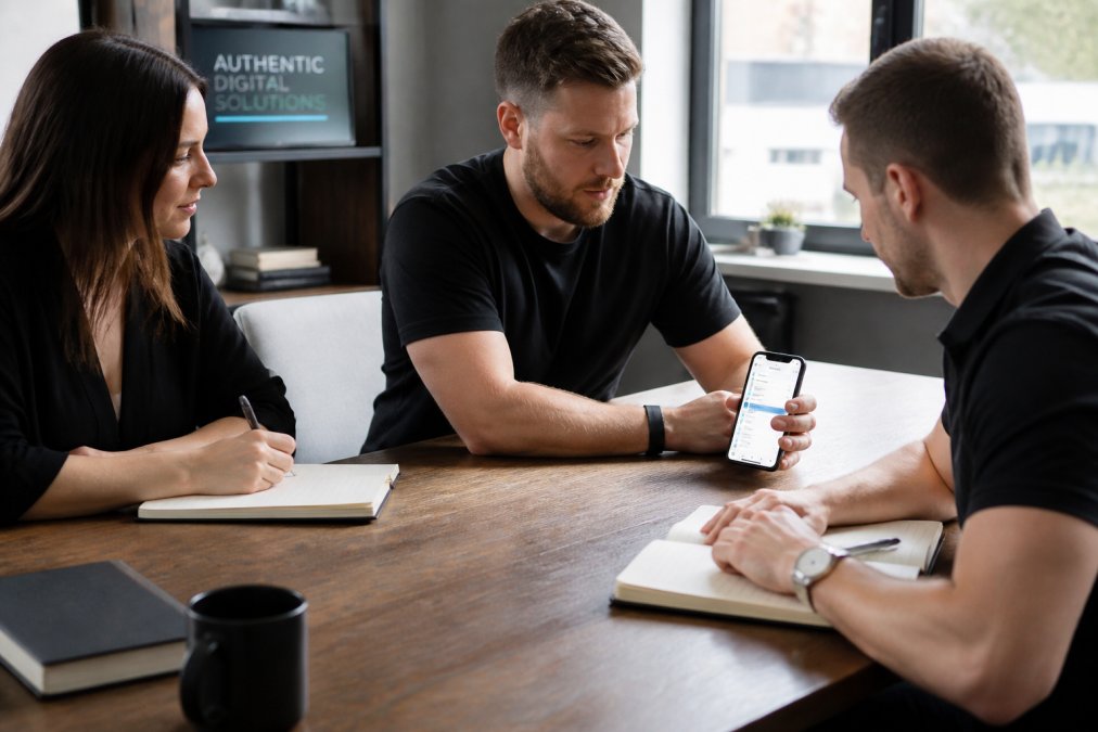 Marketing team members collaborating around a table with notebooks and smartphone showing Klaviyo dashboard, bright office environment