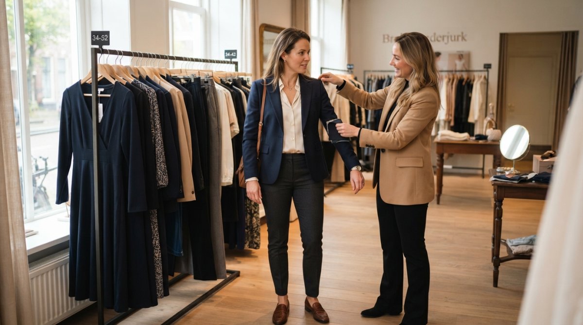Professionele vrouw in business casual kleding voor representatieve zakelijke functies in een modern kantoor.