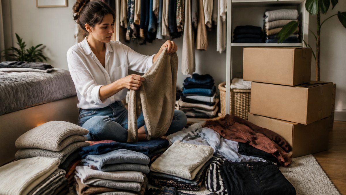 Eine Frau sortiert im Schlafzimmer ihre Kleidung in verschiedene Kartons beim Kleiderschrank ausmisten.