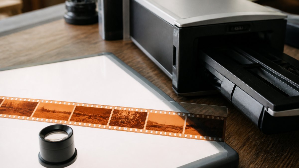 35mm kleurennegatief op een verlichte lightbox naast een scanner voor het digitaliseren van analoge film