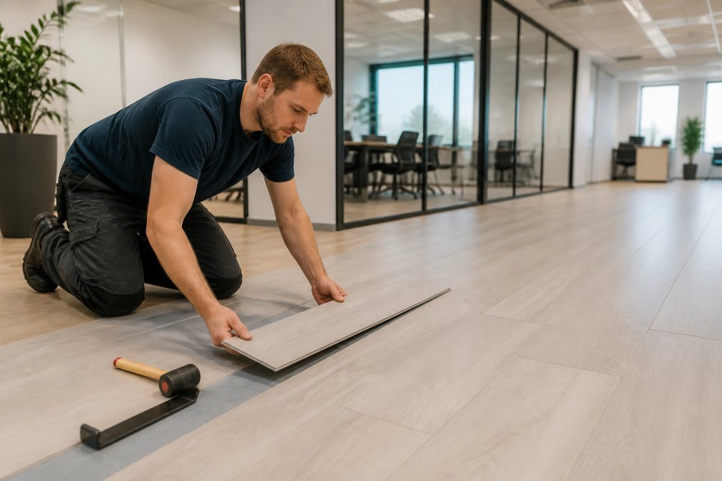 Professionel installer arbejder på klikgulv-installation i moderne kontormiljø, med synlige klikmekanismer og installeringsværktøj på et lyst kontorgulv