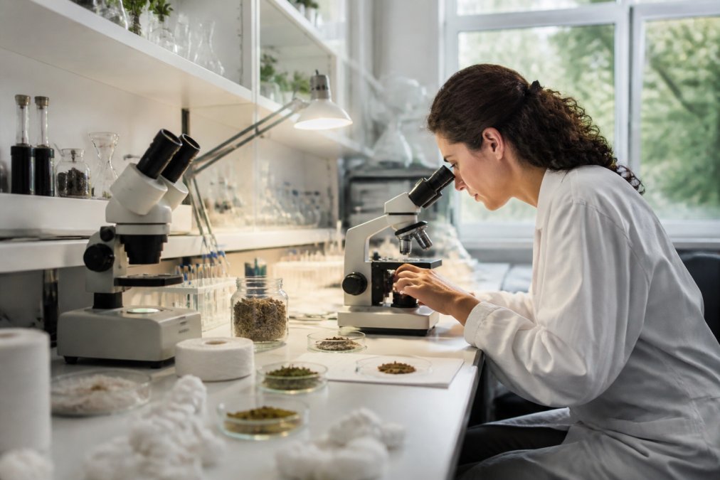 Vědecký pracovník v laboratoři zkoumá vzorky bio bavlny pro klinické testy vložek Organyc pod mikroskopem.