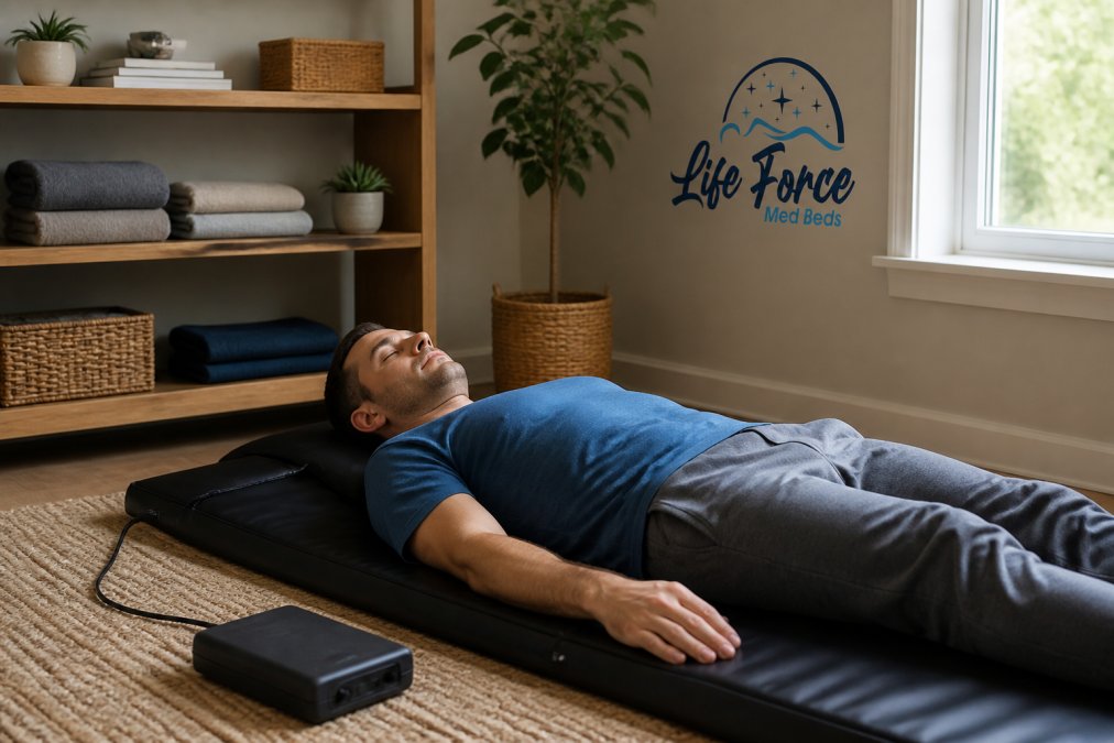 Person relaxing on a flexible Kloud PEMF mat in a calm home recovery room with a control unit nearby.