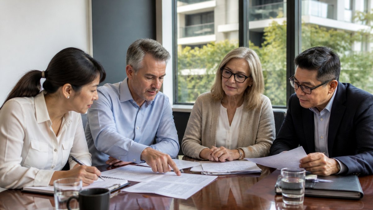 Professional strata committee members in business attire reviewing management documents and discussing options around a polished meeting table in a modern office with natural lighting