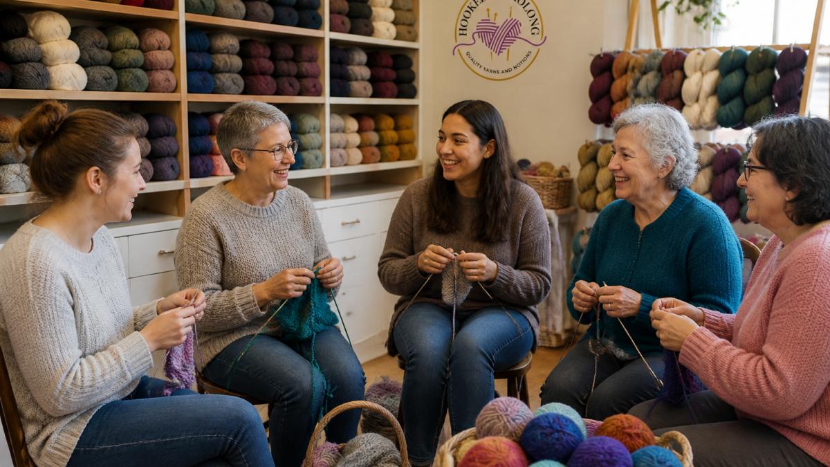 A friendly group of beginner knitters sitting in a circle, chatting and knitting together with colourful yarn and needles in a bright, cosy room