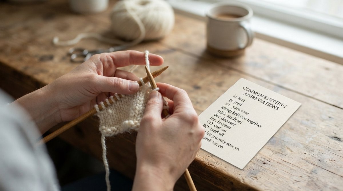 Close-up of hands holding knitting needles with cream-colored yarn mid-stitch, with a printed abbreviation reference card visible on the wooden work surface next to the needles