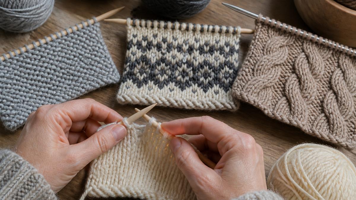 Infographic showing knitting techniques from beginner garter stitch to advanced cable and colorwork patterns.
