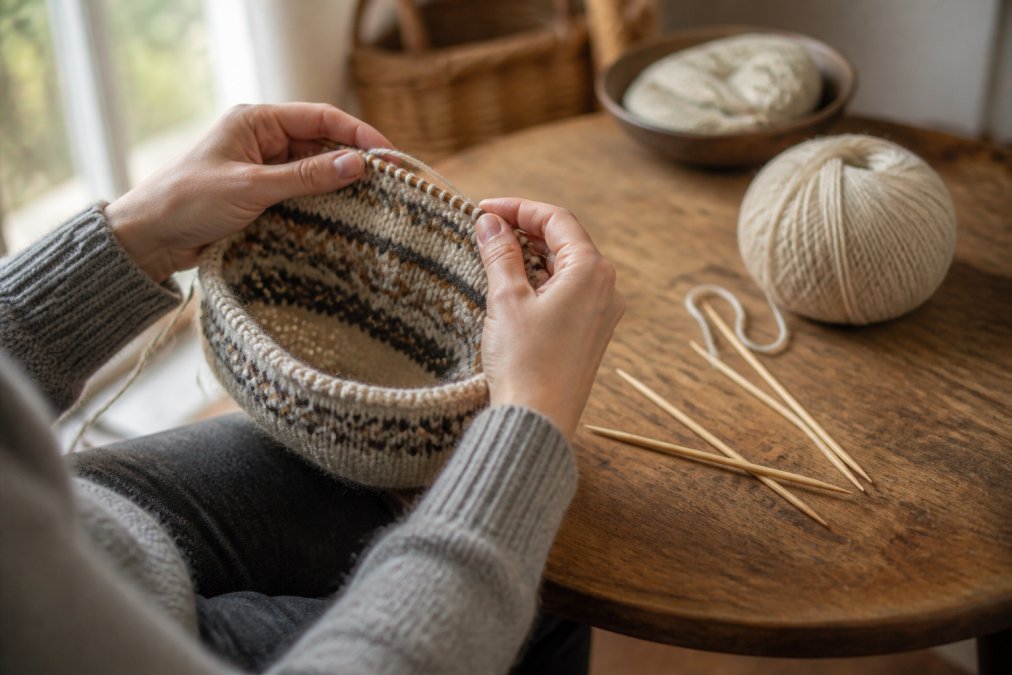 A knitter's hands holding a partially finished colorwork cowl in natural light, with a ball of natural wool yarn and wooden needles on a table nearby