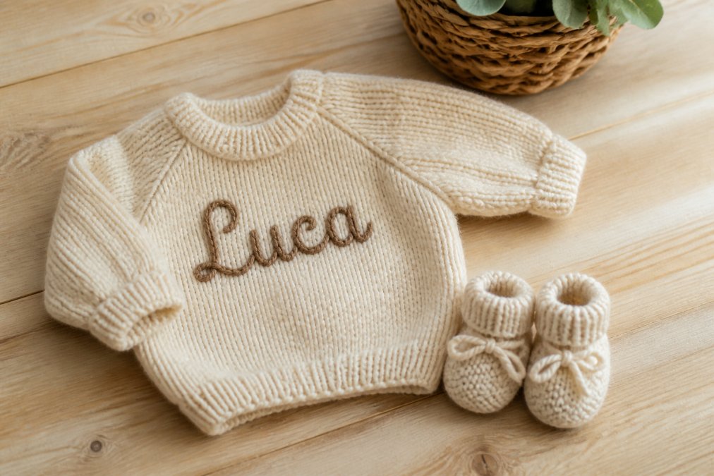 Close-up of a soft hand-knitted newborn sweater with a name embroidered on the chest, resting on a light wooden surface next to a small pair of booties