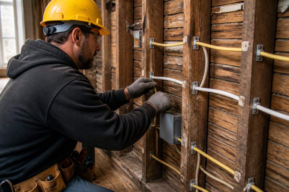 Professional electrician installing modern copper wiring in an older home's wall cavity, carefully routing new circuits through wooden framing and securing them with modern clamps, wearing safety equipment