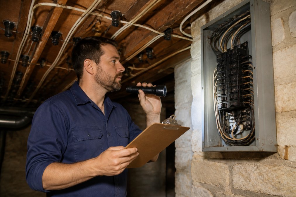 A licensed electrician in work clothes inspecting an open electrical panel in an older home's basement, holding a clipboard and flashlight, with exposed knob and tube wiring visible in the background joists