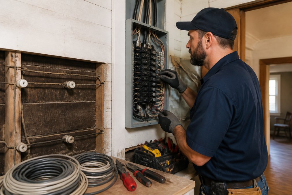 Licensed electrician in a work uniform inspecting an open electrical panel inside an older home, with tools and wire coils on a workbench nearby under bright overhead work lighting