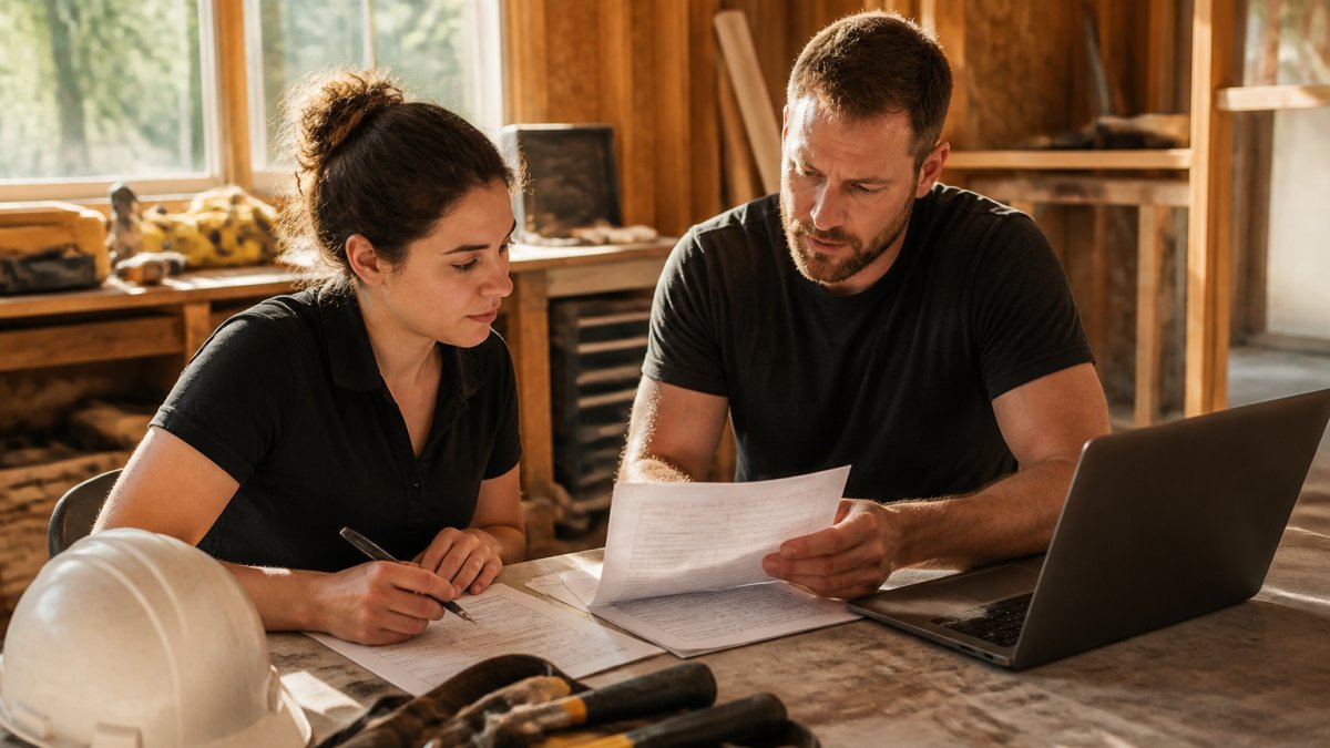 A bookkeeper and a renovation business owner reviewing project cost reports together at a desk with a laptop and paper documents, tools and a hard hat visible in the background