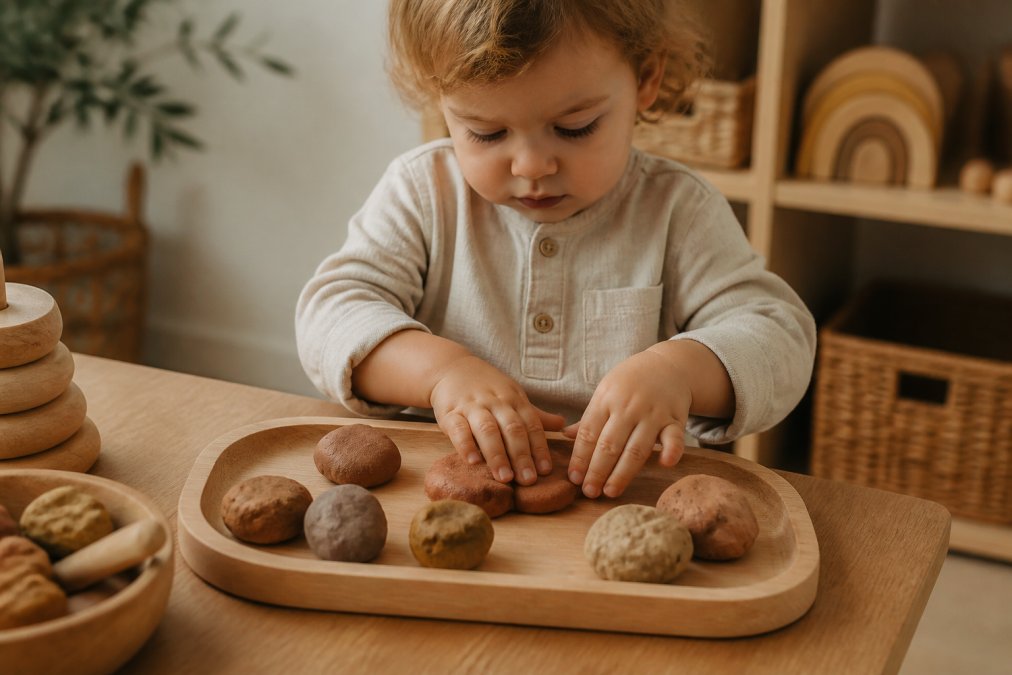 Een peuter van ongeveer 2 jaar zit aan een lage houten tafel en speelt met zachte, natuurlijke speelklei in aardetinten. De klei ligt op een houten dienblad, de handjes van het kind zijn zichtbaar terwijl het de klei kneedt. De omgeving is licht en huiselijk, met warme kleuren.