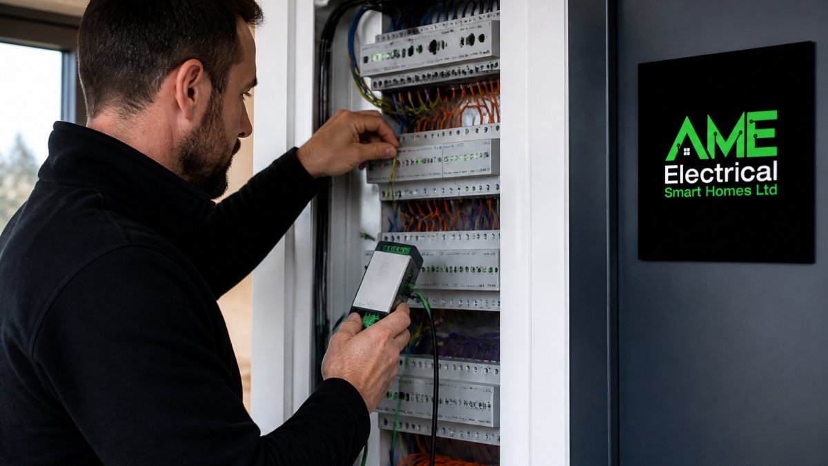 Professional electrician working at a KNX control panel with visible wiring terminals, DIN rail components, and configuration devices in a modern installation environment