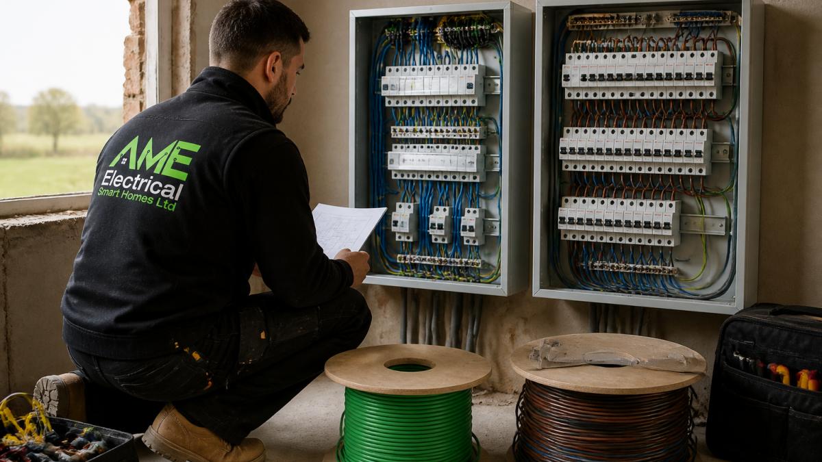 A certified electrician in a partially renovated room examining two open consumer units side by side, one with a neat KNX bus wiring loom and one with conventional circuit breakers, with cable drums and hand tools nearby, daylight from an unplastered window