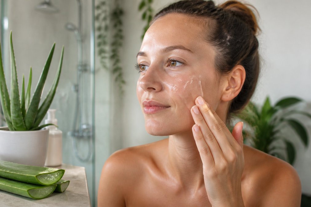 Close-up of a woman gently applying clear aloe vera gel to her face, soft natural lighting, clean bathroom setting with green plants in the background