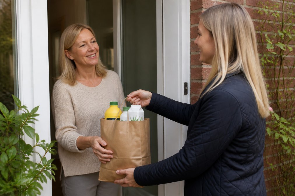 A friendly person handing over a bag of natural health products to a customer at a doorstep, both smiling, warm residential neighbourhood setting