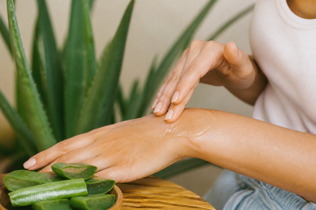 Close-up of a person gently applying clear aloe vera gel to smooth skin on their forearm, with a green aloe vera plant visible in the soft-focus background