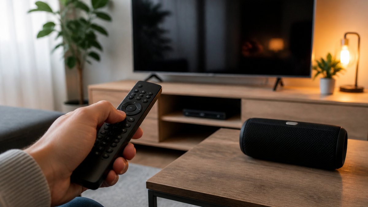Close-up of a hand holding a TV remote control pointed at a screen, with a wireless speaker sitting on a table in front of the television in a modern living room with warm lighting