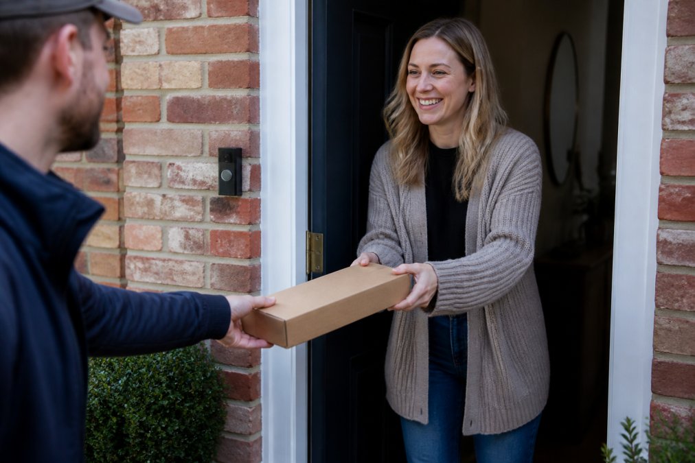 A hand posting a slim cocktail gift box through a standard UK letterbox, with the recipient smiling as they receive it by the front door
