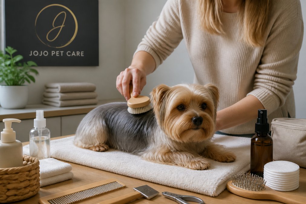 A calm, softly lit indoor scene showing a person gently brushing a small dog with a soft-bristle brush on a light-colored towel, with grooming tools arranged neatly nearby