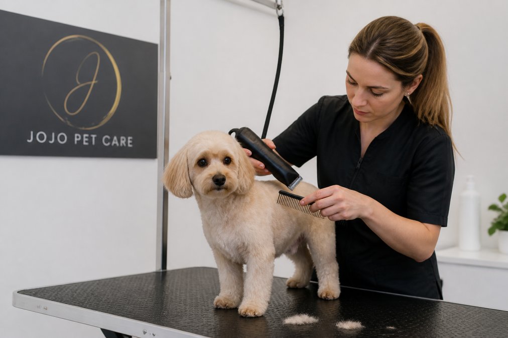 Professionaalne groomer töötab koera karvkattega, kasutades trimmeri ja kammiga, valge salongi taustal