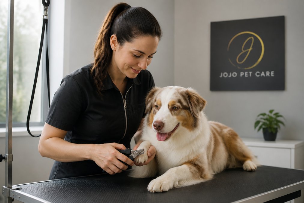 A calm dog lying on a soft grooming table while a professional groomer gently holds its paw and prepares to trim its nails with clippers, soft natural light, relaxed atmosphere