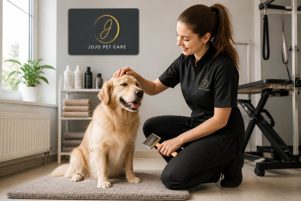 A calm dog sitting on a soft mat in a bright grooming salon while a groomer kneels beside it, gently stroking its head with one hand and holding a brush in the other; warm natural light, no other animals visible in the frame