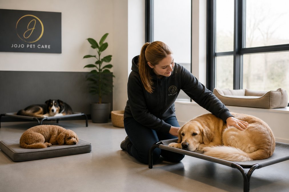 A calm indoor dog daycare room with a few dogs resting on raised beds and mats, soft natural light through large windows, a caregiver kneeling beside one dog with a hand resting gently on its back