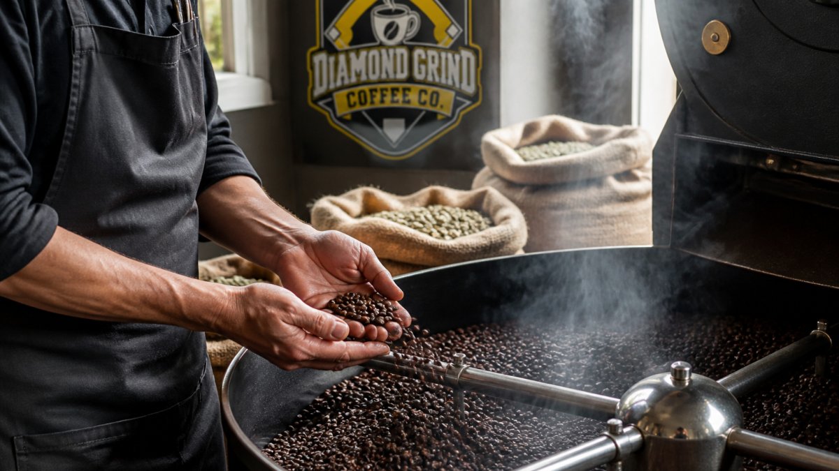 Close-up of a small-batch coffee roaster's hands checking a drum of dark roasted beans, steam rising, warm workshop lighting, burlap sacks of green beans in the background