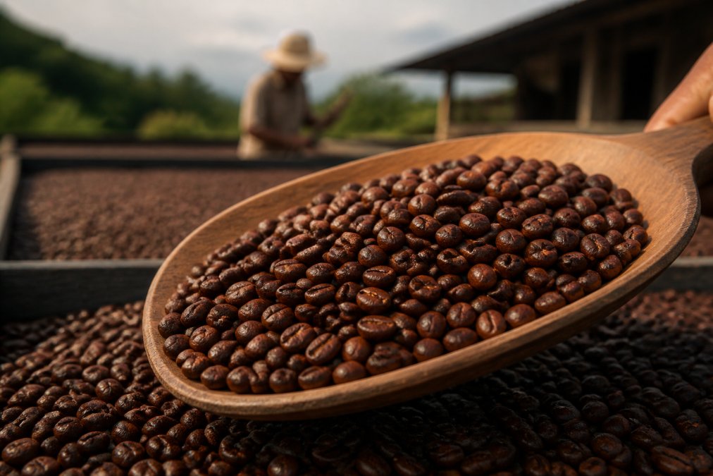 Close-up of freshly roasted coffee beans in a wooden scoop with glossy, rich brown surfaces showing color variation, with a blurred coffee roastery or farm background