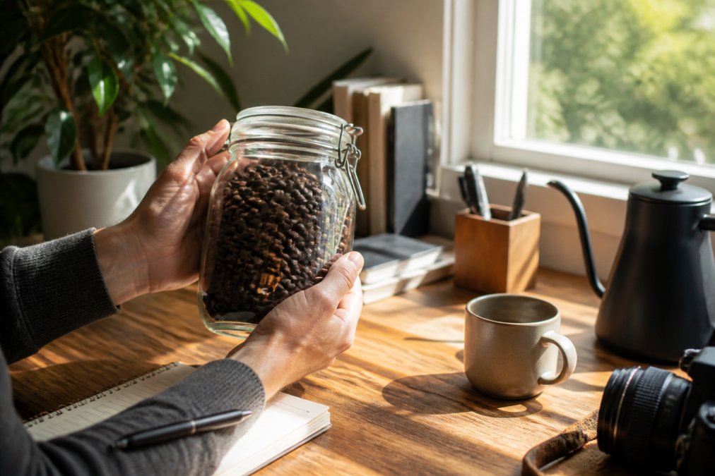 Hands holding an airtight glass container filled with whole coffee beans on a home office desk, with a visible date label and morning light streaming through a nearby window