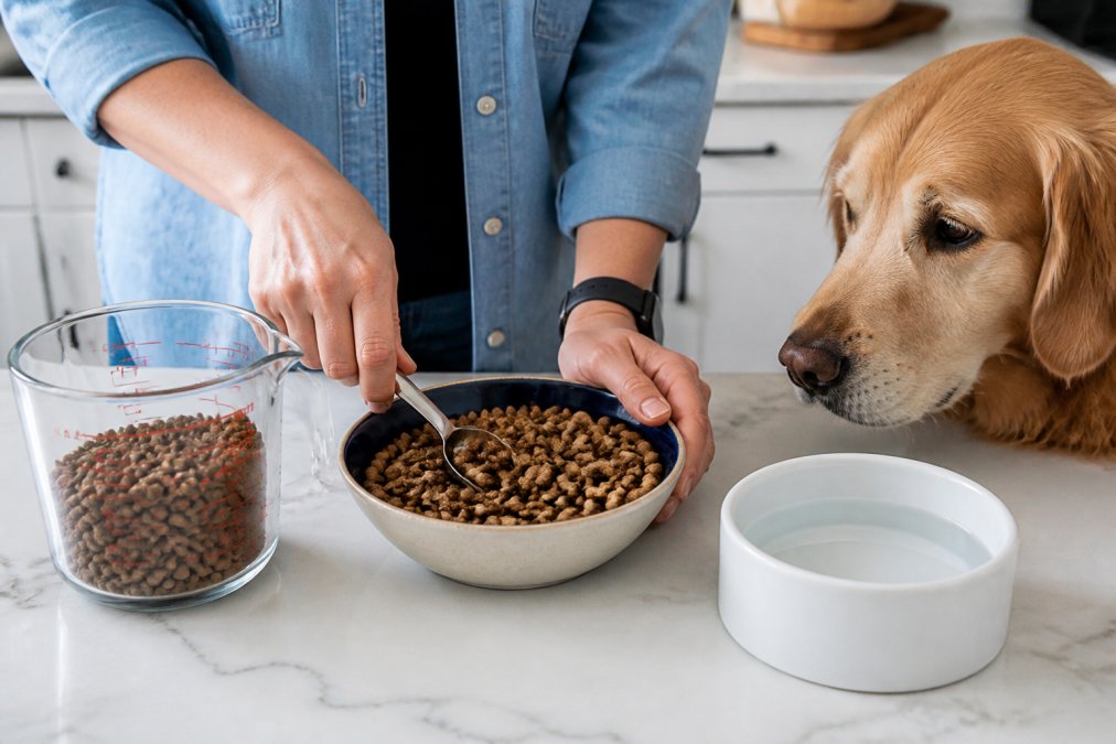 Pet owner's hands mixing old and new dog food together in a ceramic bowl on a bright kitchen counter, with measuring cup and fresh water bowl visible in background