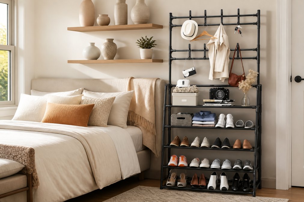 Bright, airy bedroom interior showing a neatly made bed with layered throw pillows in neutral tones, a cozy throw blanket draped over the headboard, and decorative ceramic vases on floating shelves with warm natural lighting from a window