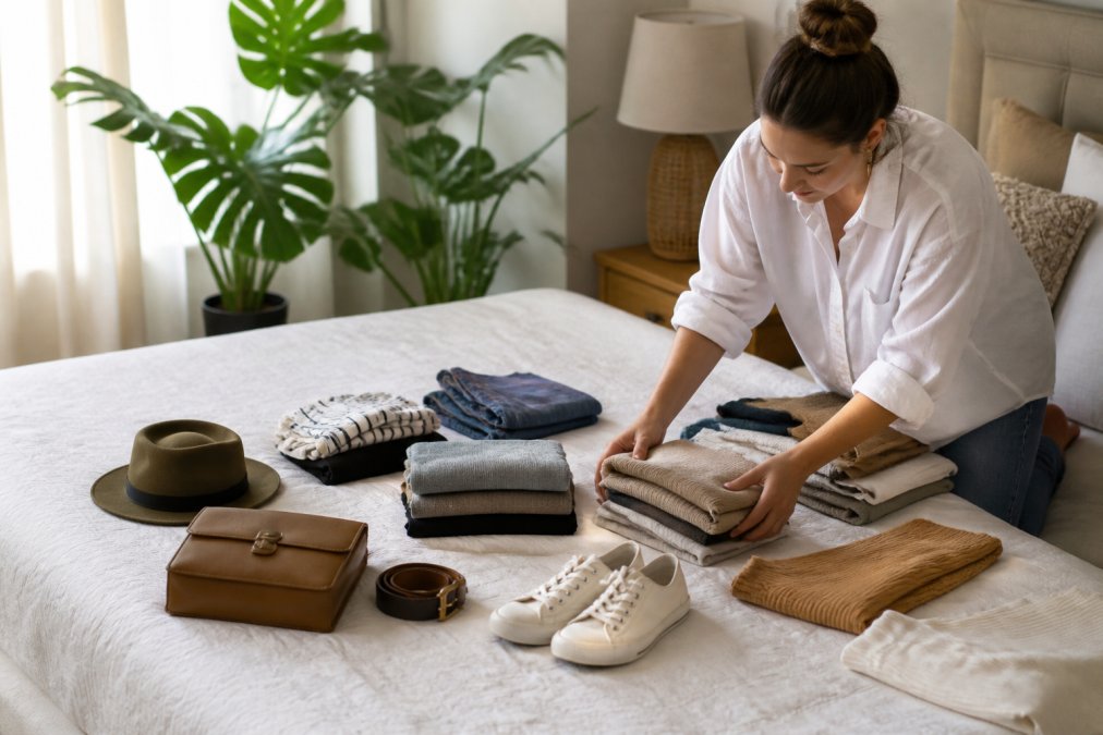 Woman organizing folded clothing items and fashion accessories on a bed, showing versatile everyday wardrobe pieces in natural daylight