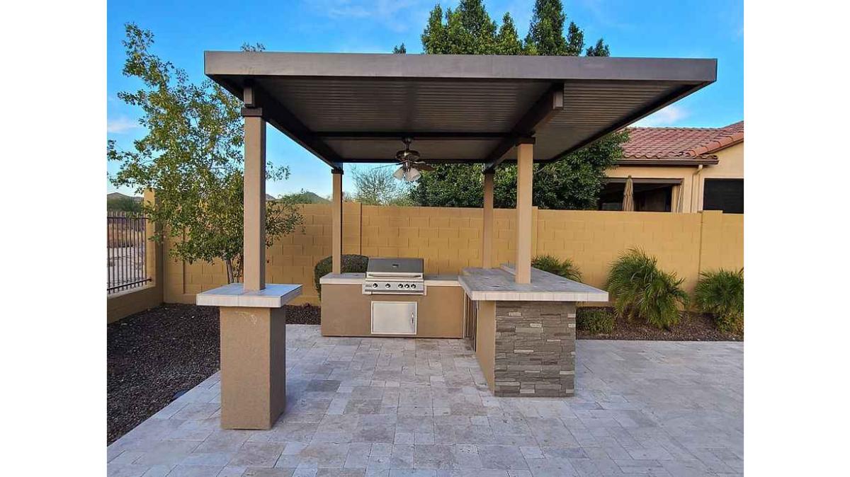 KoKoMo Outdoor Kitchen BBQ Island with 12' x 12' Pergola – Built-In 4-Burner Grill, Refrigerator, and Lighting
