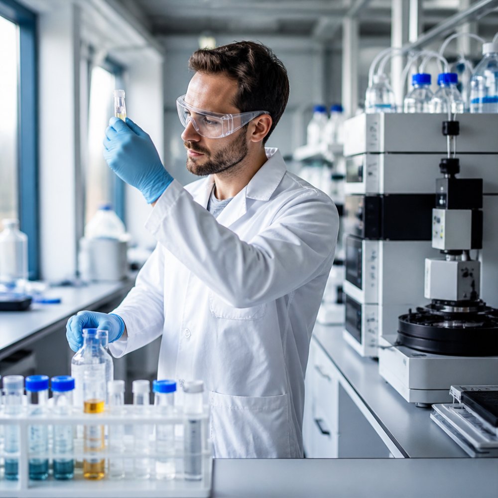 Nahaufnahme einer Laboranalyse mit Reagenzgläsern und Testausrüstung in modernem Sportwissenschaftslabor, mit konzentriertem Blick des Labortechnikers
