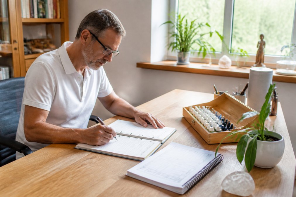 A practitioner at a tidy wooden desk writing notes in a patient file, with a laptop showing a simple frequency list and a small remedy box beside it, warm daylight from a window