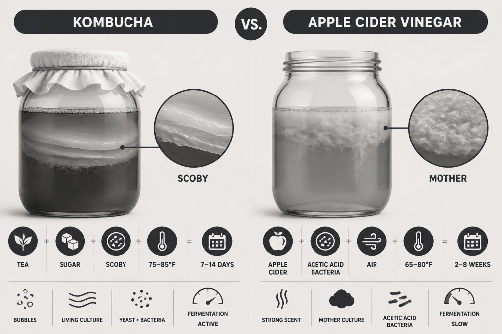 Close-up of glass jars with SCOBY and kombucha mother culture fermenting side by side with apple cider vinegar in natural light, showing the living cultures and fermentation activity