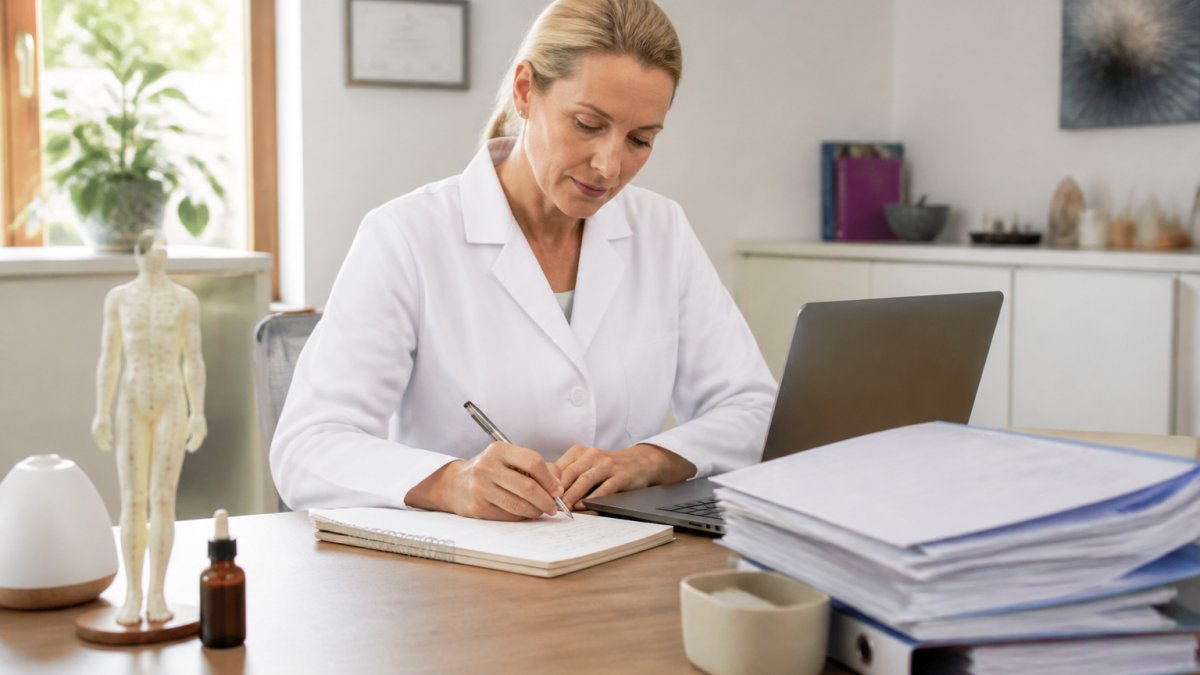 A doctor sits at a tidy desk in a bright office, entering service items into billing software on her laptop; next to her lies a notepad with handwritten codes, warm daylight streaming in from the left