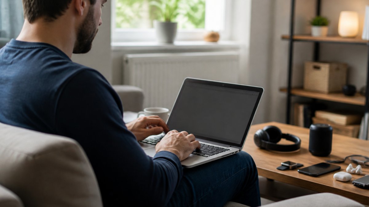 Person som handler elektronikk på en laptop hjemmefra, med kundestøtte-chat synlig på skjermen