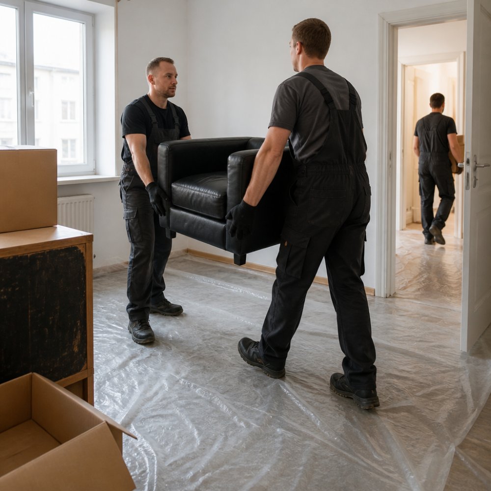 Profesionální pracovníci v pracovních oděvech vynášejí starý nábytek a krabice z prázdného bytu, na podlaze jsou ochranné fólie, přirozené denní světlo