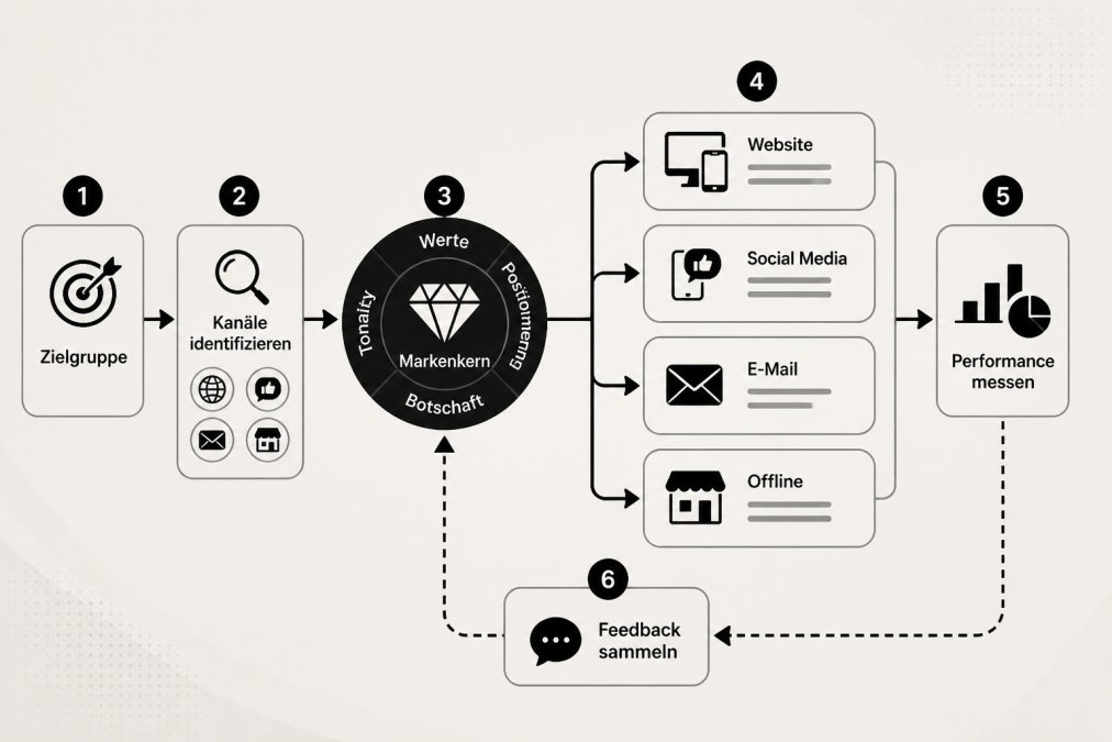 Flowchart showing distribution of consistent brand message from central brand core through website, social media, email, and offline channels with feedback loop