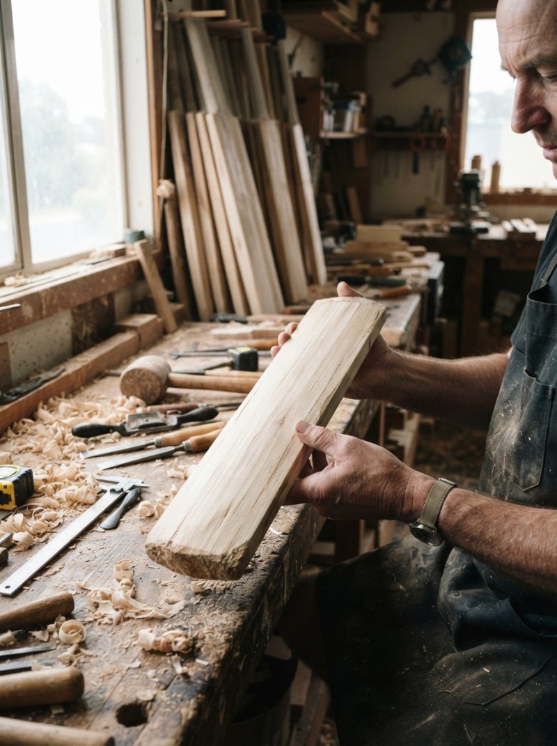 Professional craftsperson's hands carefully inspecting and selecting English willow clefts in a workshop, examining wood grain and colour under bright natural light, with wood shavings and selection tools visible on the workbench