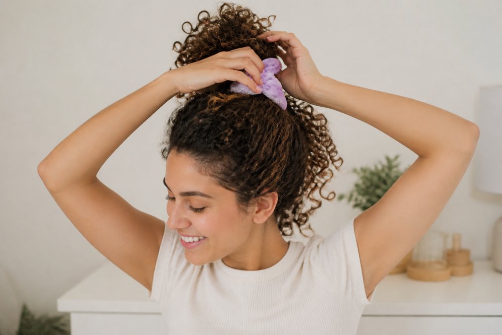 A woman with thick, voluminous curly hair smiling while securing a ponytail with a soft lavender-colored fabric hair tie, natural daylight, clean neutral background